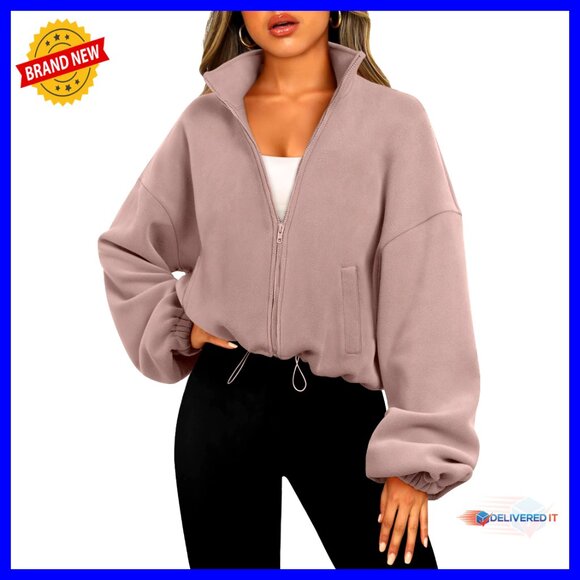 Oversized Cropped Fleece Jacket Zip Front Long Sleeve Winter Sweatshirt
